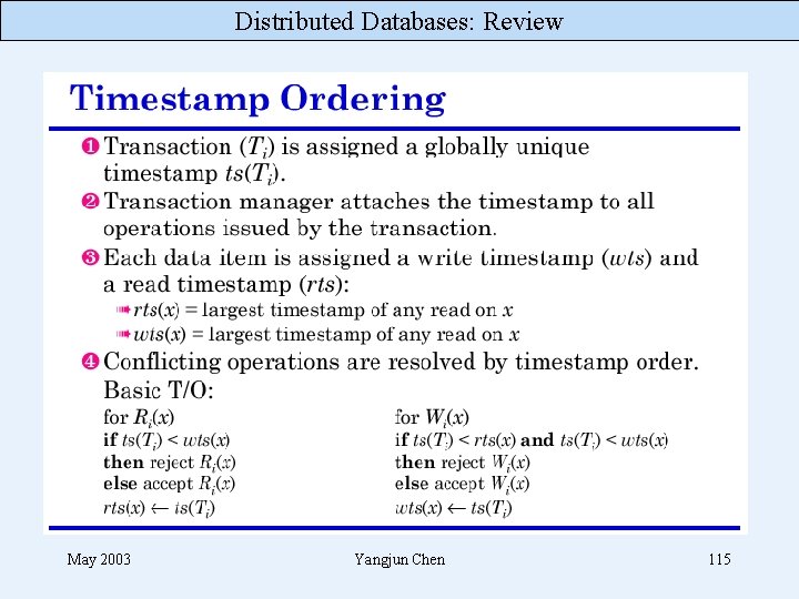 Distributed Databases: Review May 2003 Yangjun Chen 115 