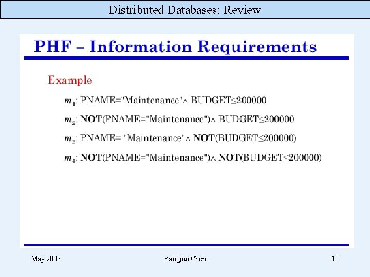 Distributed Databases: Review May 2003 Yangjun Chen 18 