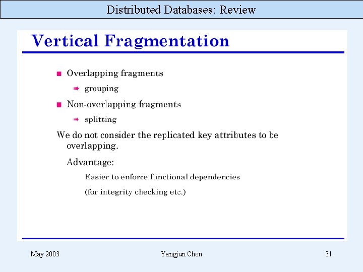 Distributed Databases: Review May 2003 Yangjun Chen 31 