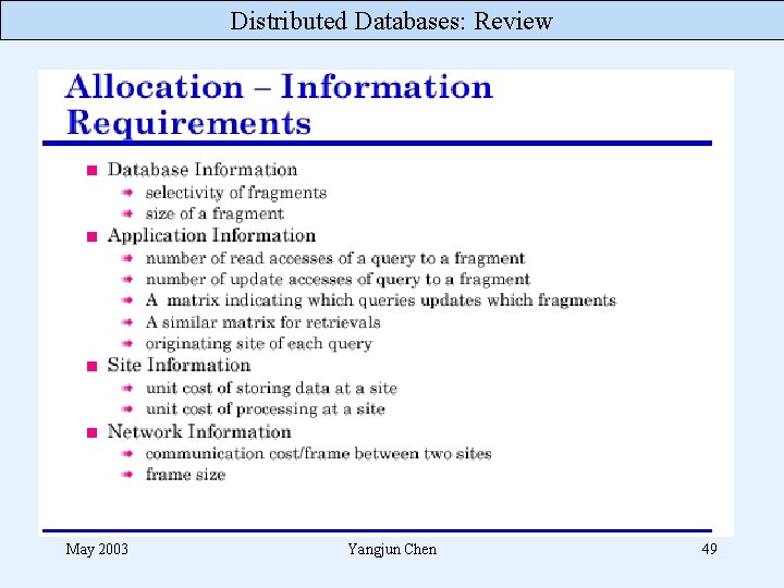 Distributed Databases: Review May 2003 Yangjun Chen 49 