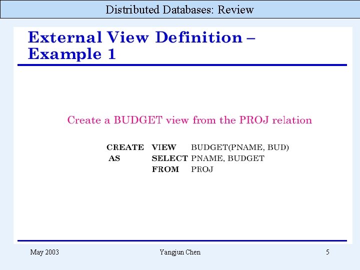 Distributed Databases: Review May 2003 Yangjun Chen 5 