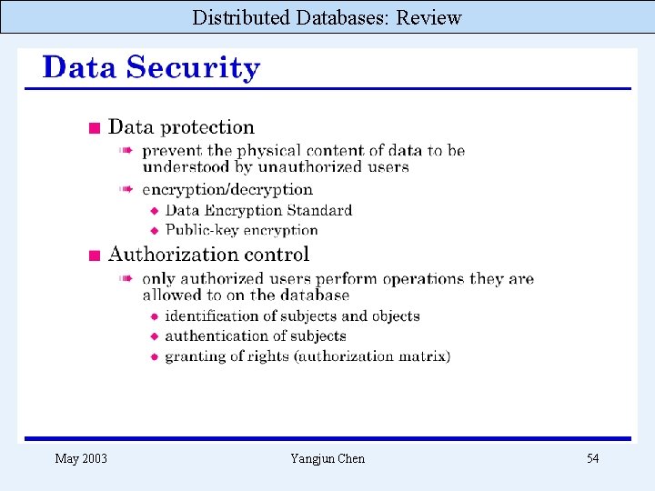 Distributed Databases: Review May 2003 Yangjun Chen 54 