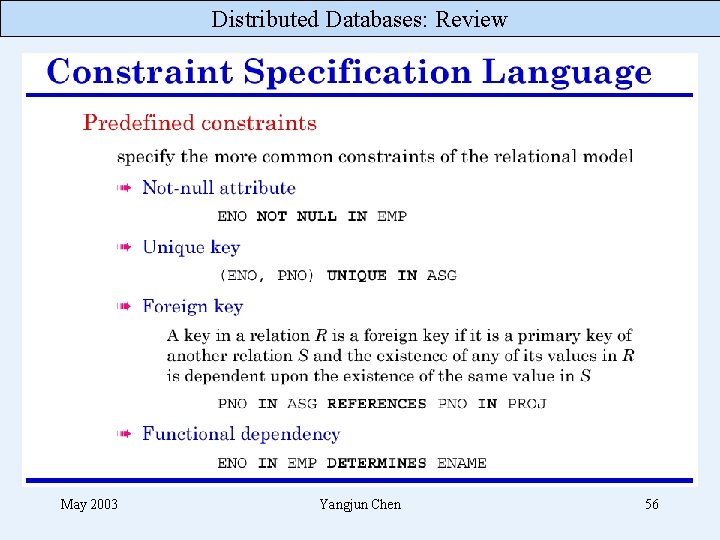 Distributed Databases: Review May 2003 Yangjun Chen 56 