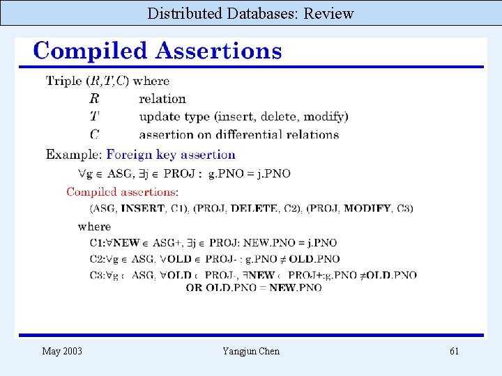 Distributed Databases: Review May 2003 Yangjun Chen 61 