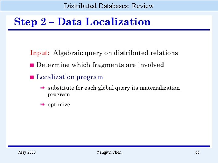 Distributed Databases: Review May 2003 Yangjun Chen 65 