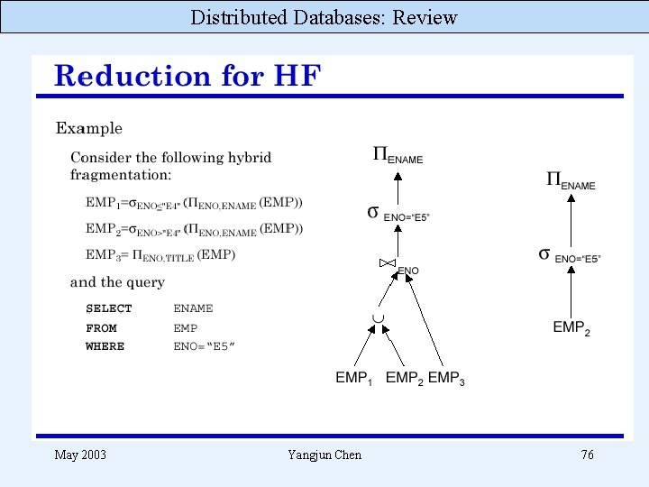 Distributed Databases: Review May 2003 Yangjun Chen 76 