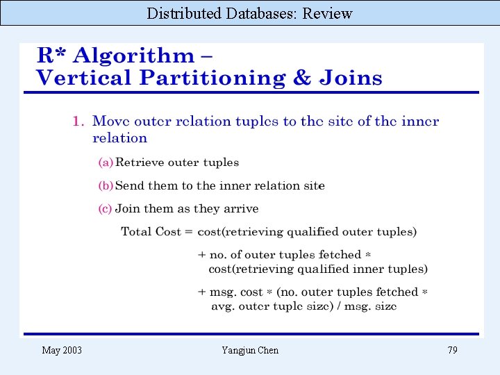 Distributed Databases: Review May 2003 Yangjun Chen 79 