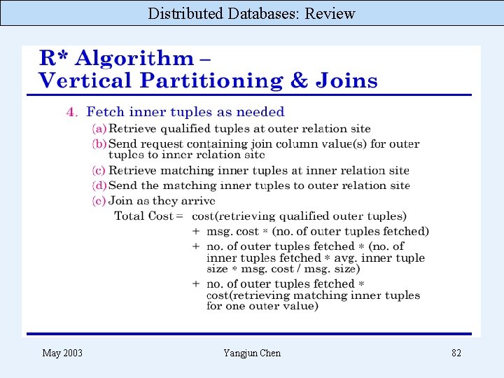 Distributed Databases: Review May 2003 Yangjun Chen 82 