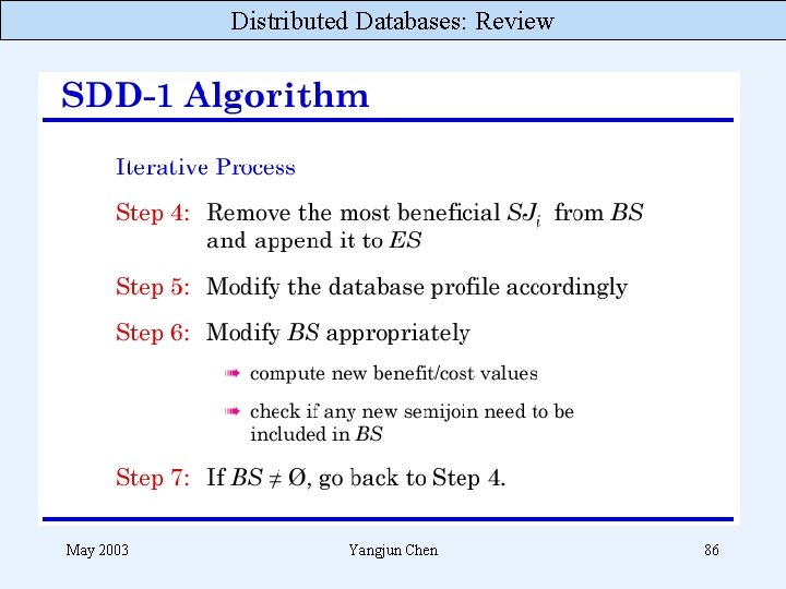 Distributed Databases: Review May 2003 Yangjun Chen 86 