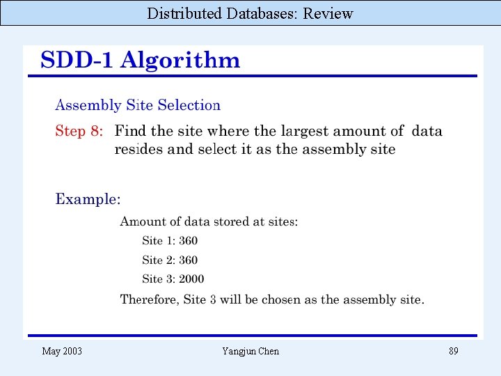 Distributed Databases: Review May 2003 Yangjun Chen 89 