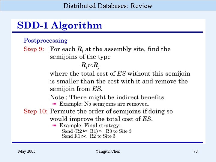 Distributed Databases: Review May 2003 Yangjun Chen 90 