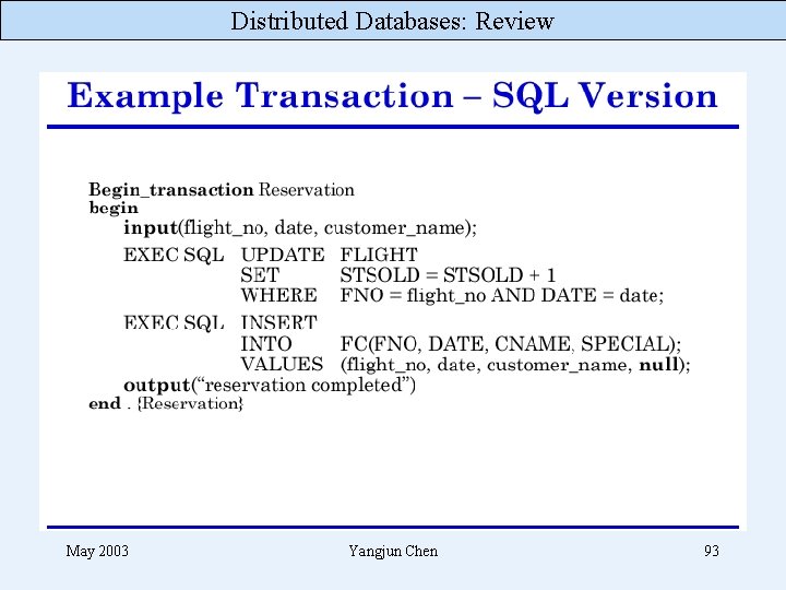 Distributed Databases: Review May 2003 Yangjun Chen 93 