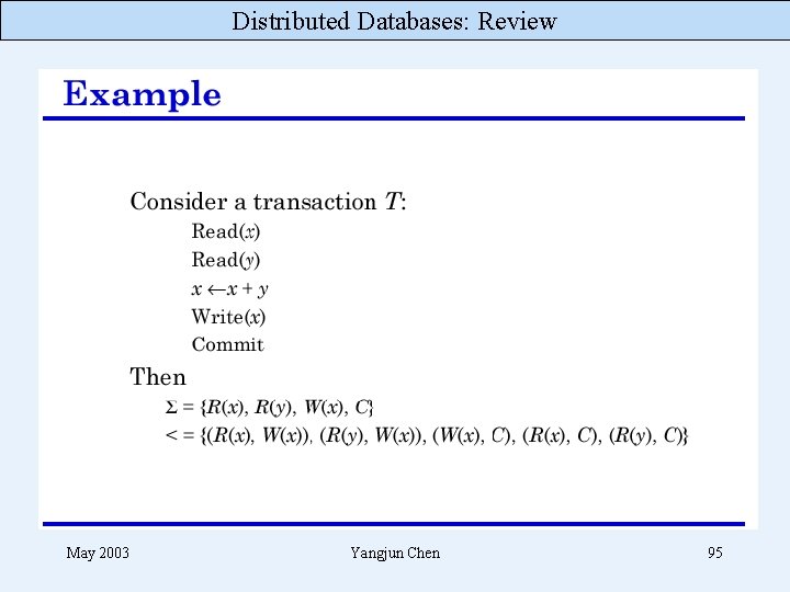 Distributed Databases: Review May 2003 Yangjun Chen 95 