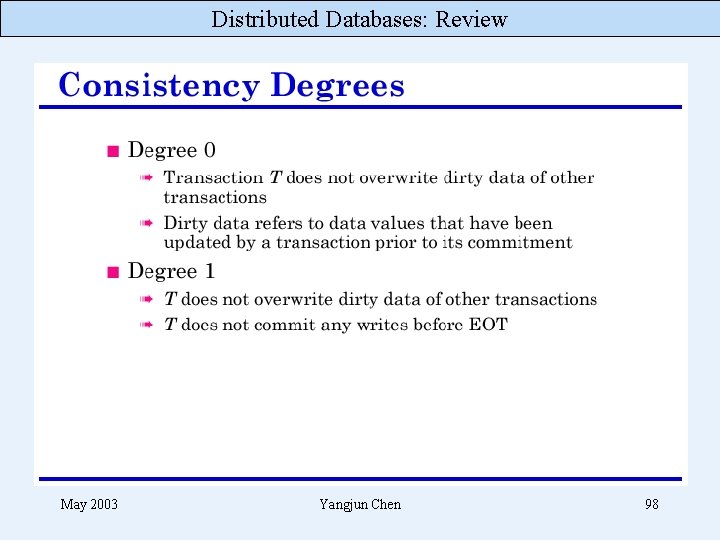 Distributed Databases: Review May 2003 Yangjun Chen 98 