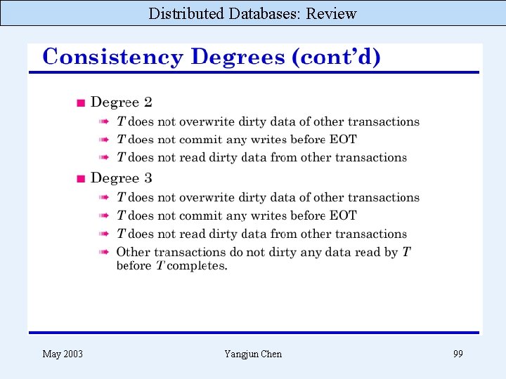 Distributed Databases: Review May 2003 Yangjun Chen 99 