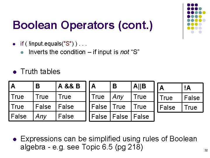 Boolean Operators (cont. ) l if ( !input. equals("S") ). . . l l