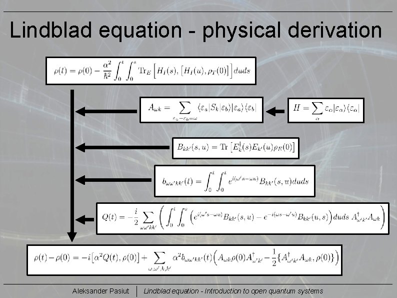 Lindblad equation - physical derivation Aleksander Pasiut Lindblad equation - Introduction to open quantum