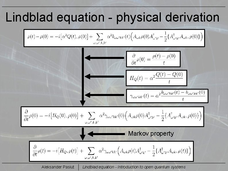 Lindblad equation - physical derivation Markov property Aleksander Pasiut Lindblad equation - Introduction to