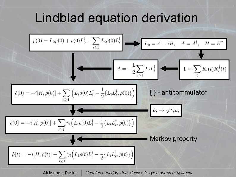 Lindblad equation derivation { } - anticommutator Markov property Aleksander Pasiut Lindblad equation -