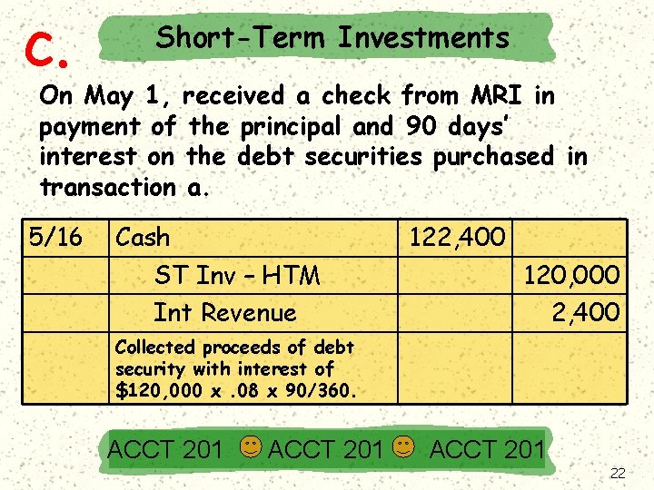 c. Short-Term Investments On May 1, received a check from MRI in payment of