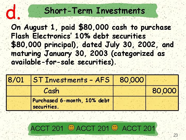 d. Short-Term Investments On August 1, paid $80, 000 cash to purchase Flash Electronics’