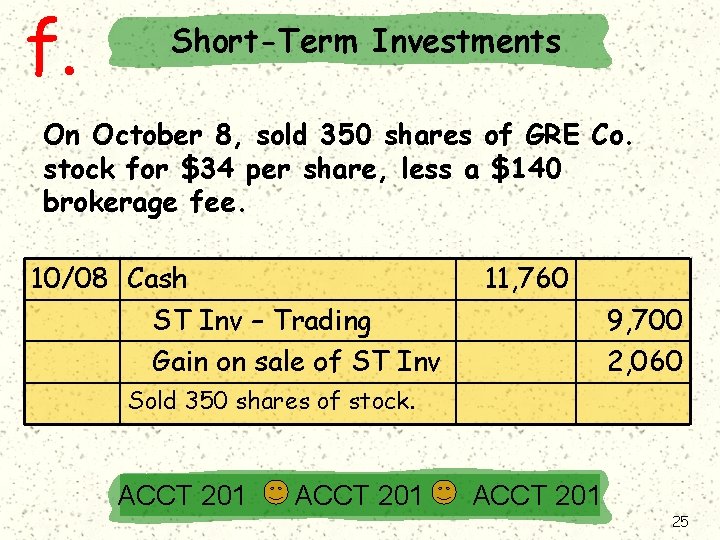 f. Short-Term Investments On October 8, sold 350 shares of GRE Co. stock for