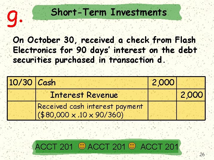 g. Short-Term Investments On October 30, received a check from Flash Electronics for 90