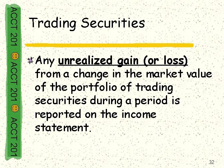 ACCT 201 Trading Securities ACCT 201 Any unrealized gain (or loss) from a change
