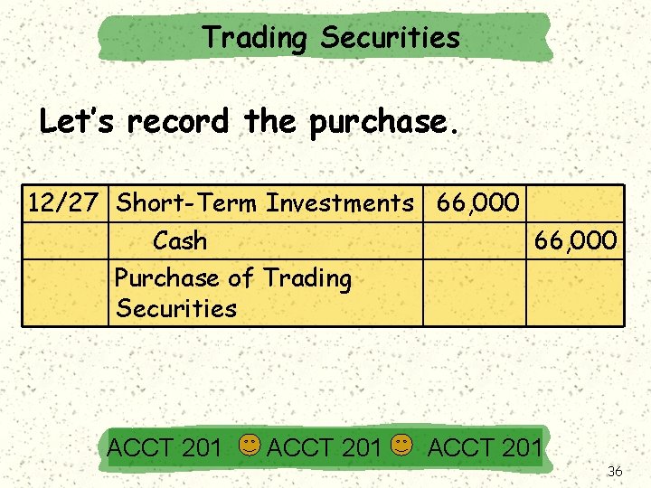 Trading Securities Let’s record the purchase. 12/27 Short-Term Investments 66, 000 Cash 66, 000