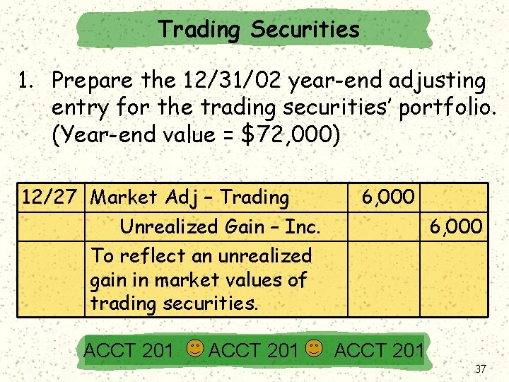 Trading Securities 1. Prepare the 12/31/02 year-end adjusting entry for the trading securities’ portfolio.