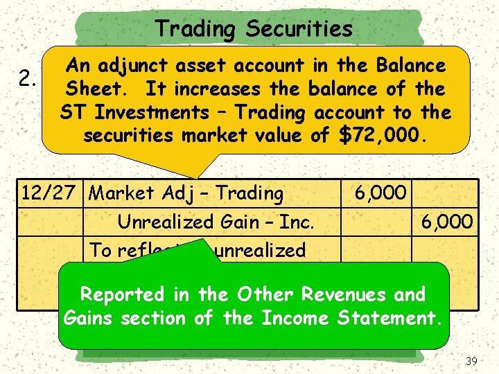 Trading Securities An adjunct asset account in the Balance 2. For each account in