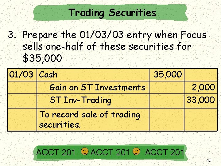 Trading Securities 3. Prepare the 01/03/03 entry when Focus sells one-half of these securities