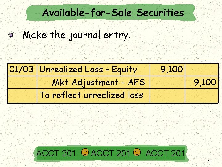 Available-for-Sale Securities Make the journal entry. 01/03 Unrealized Loss – Equity Mkt Adjustment -