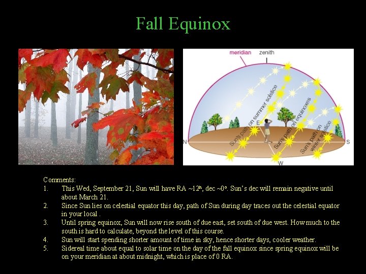 Fall Equinox Comments: 1. This Wed, September 21, Sun will have RA ~12 h,