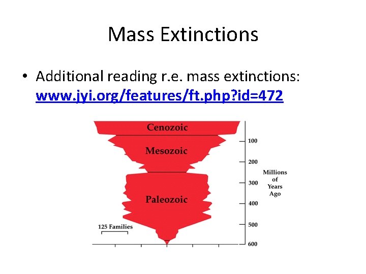 Mass Extinctions • Additional reading r. e. mass extinctions: www. jyi. org/features/ft. php? id=472