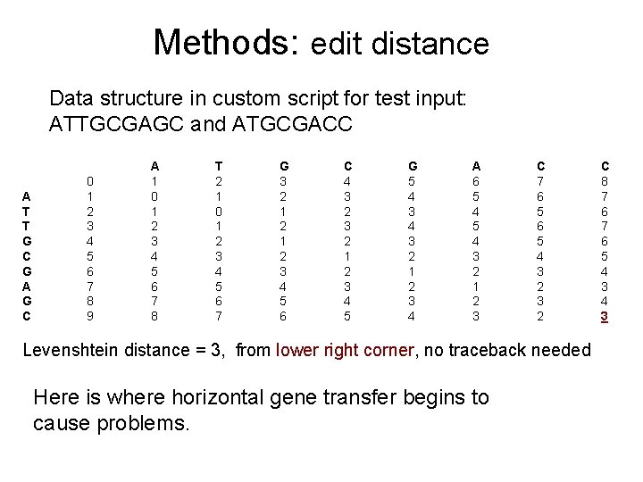 Methods: edit distance Data structure in custom script for test input: ATTGCGAGC and ATGCGACC Methods: edit distance Data structure in custom script for test input: ATTGCGAGC and ATGCGACC