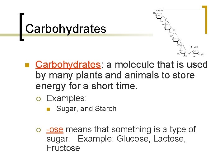 Carbohydrates n Carbohydrates: a molecule that is used by many plants and animals to