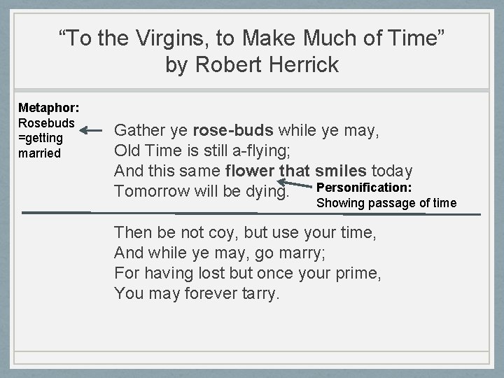 “To the Virgins, to Make Much of Time” by Robert Herrick Metaphor: Rosebuds =getting