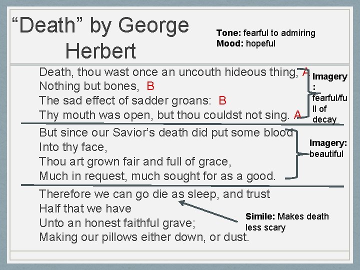 “Death” by George Herbert Tone: fearful to admiring Mood: hopeful Death, thou wast once