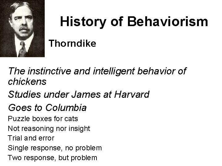 History of Behaviorism Thorndike The instinctive and intelligent behavior of chickens Studies under James