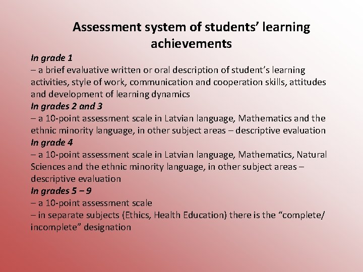 Assessment system of students’ learning achievements In grade 1 – a brief evaluative written