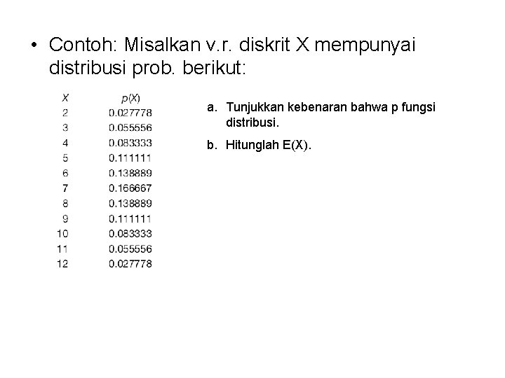  • Contoh: Misalkan v. r. diskrit X mempunyai distribusi prob. berikut: a. Tunjukkan