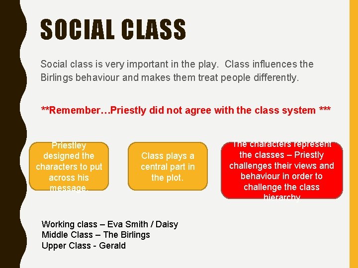 SOCIAL CLASS Social class is very important in the play. Class influences the Birlings