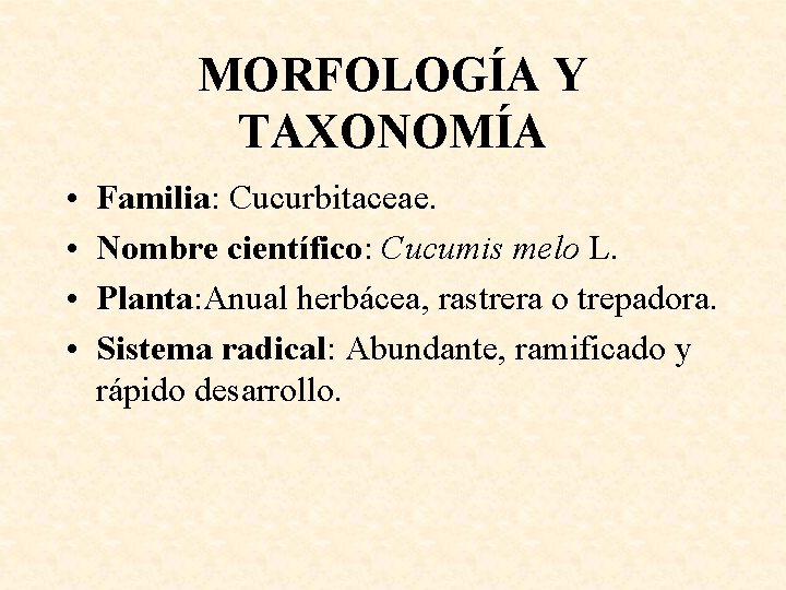 MORFOLOGÍA Y TAXONOMÍA • • Familia: Cucurbitaceae. Nombre científico: Cucumis melo L. Planta: Anual