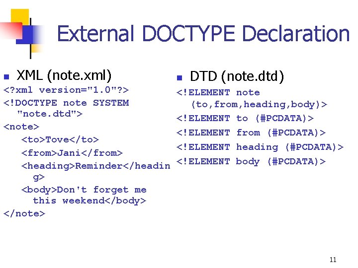 External DOCTYPE Declaration n XML (note. xml) <? xml version="1. 0"? > <!DOCTYPE note