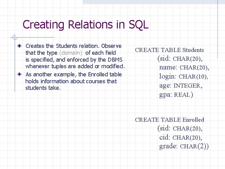Creating Relations in SQL Creates the Students relation. Observe that the type (domain) of Creating Relations in SQL Creates the Students relation. Observe that the type (domain) of