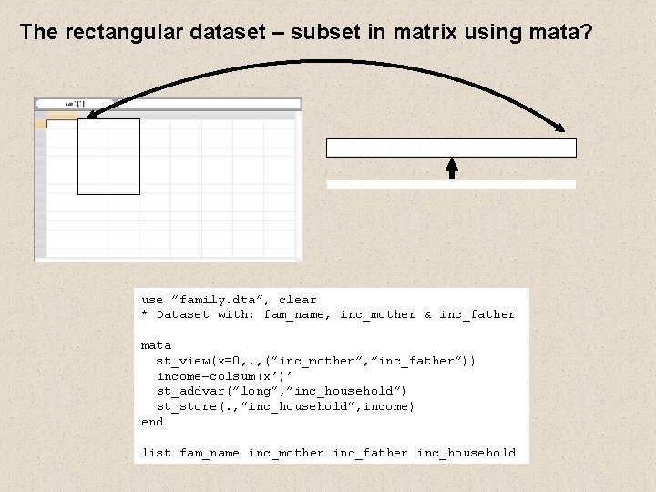 The rectangular dataset – subset in matrix using mata? use ”family. dta”, clear * The rectangular dataset – subset in matrix using mata? use ”family. dta”, clear *