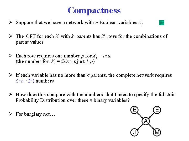 Compactness Ø Suppose that we have a network with n Boolean variables Xi Ø