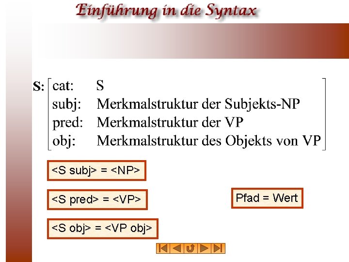 S: <S subj> = <NP> <S pred> = <VP> <S obj> = <VP obj>