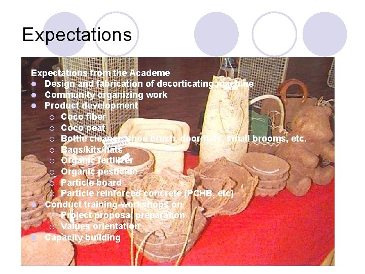 Expectations from the Academe l Design and fabrication of decorticating machine l Community organizing